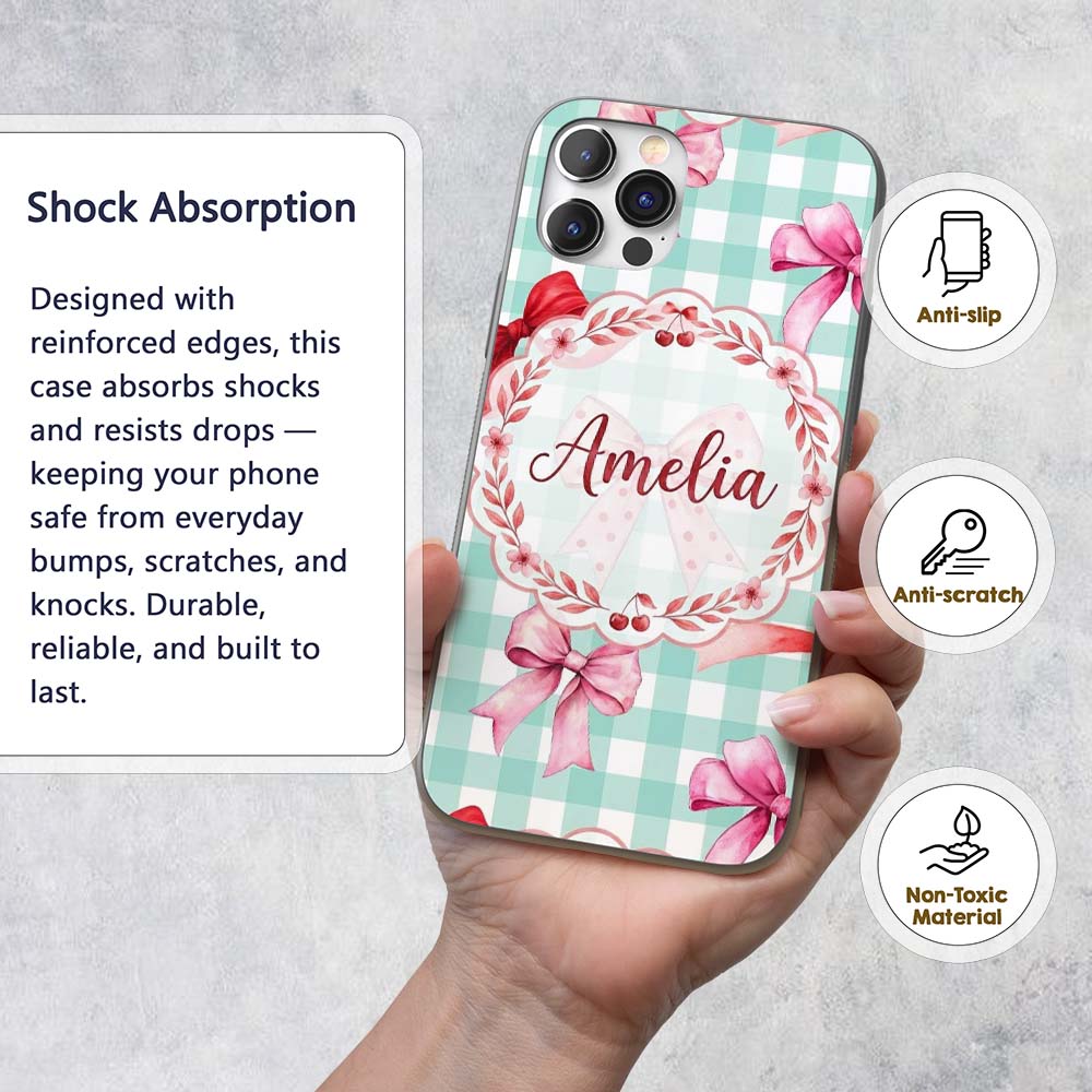 Watercolor Red and Pink Ribbon Bows Mint Gingham Custom Name Protective Phone Case Mobile Cover Durable Everyday Smartphone Shock Resistant