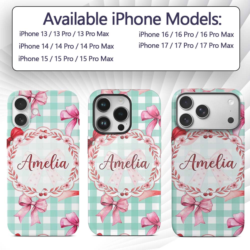 Watercolor Red and Pink Ribbon Bows Mint Gingham Custom Name Protective Phone Case Mobile Cover Durable Everyday Smartphone Shock Resistant