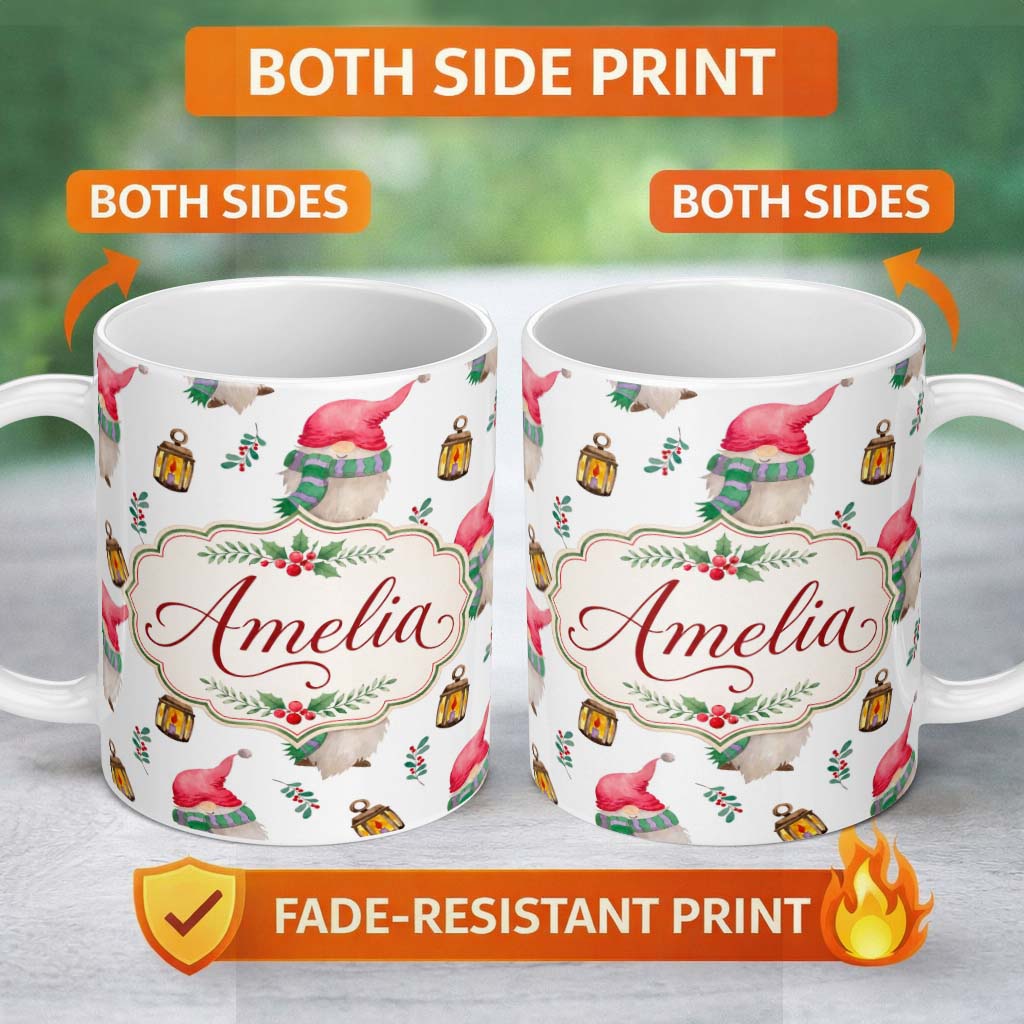 Personalized Custom Name Cute Christmas Gnome Lantern Winter Holiday Seamless Pattern Lovely 11oz Ceramic Coffee Tea Mug White Large Handle