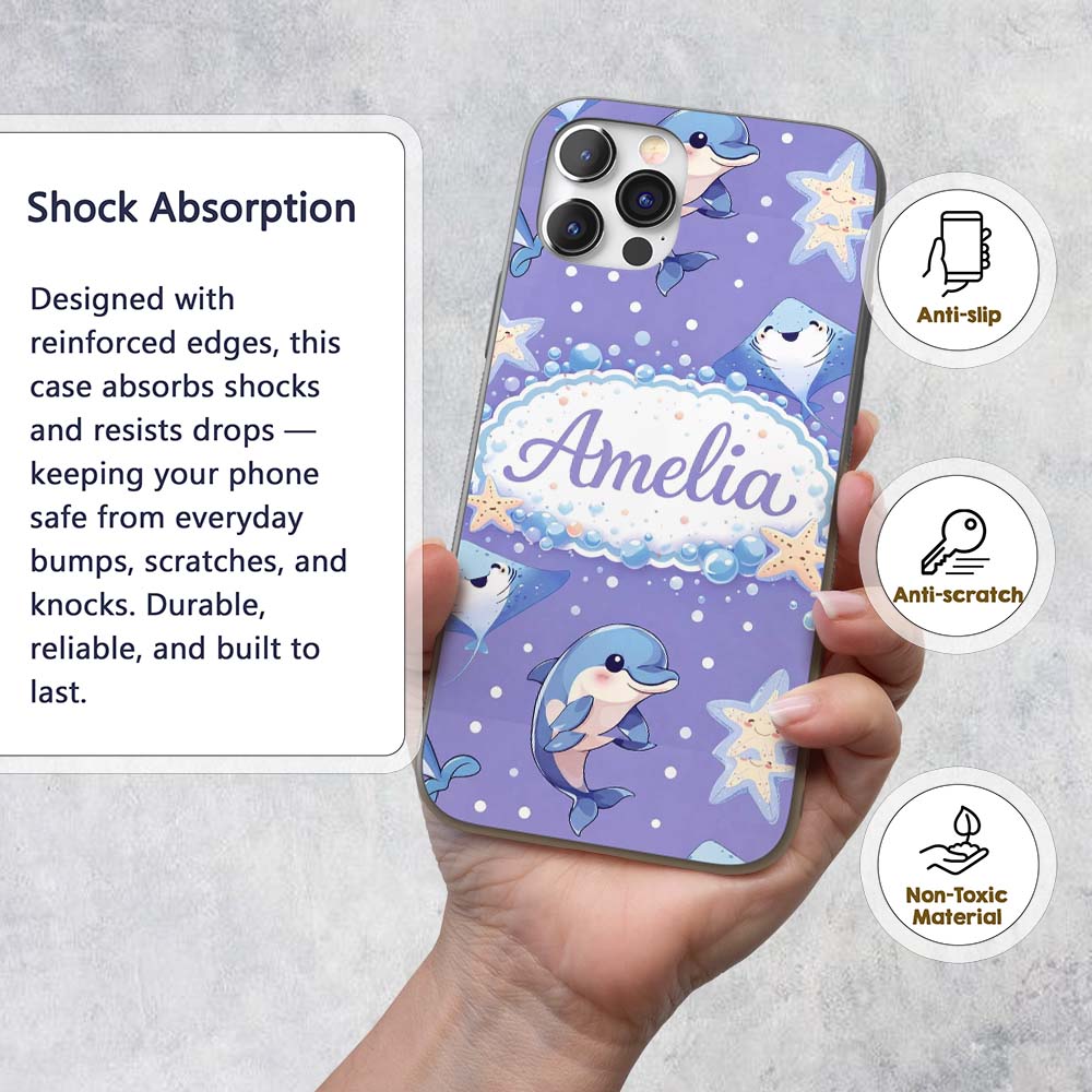 Cute Dolphin Stingray Starfish Ocean Sea Life Custom Name Protective Phone Case Mobile Cover Durable Everyday Smartphone Shock Resistant
