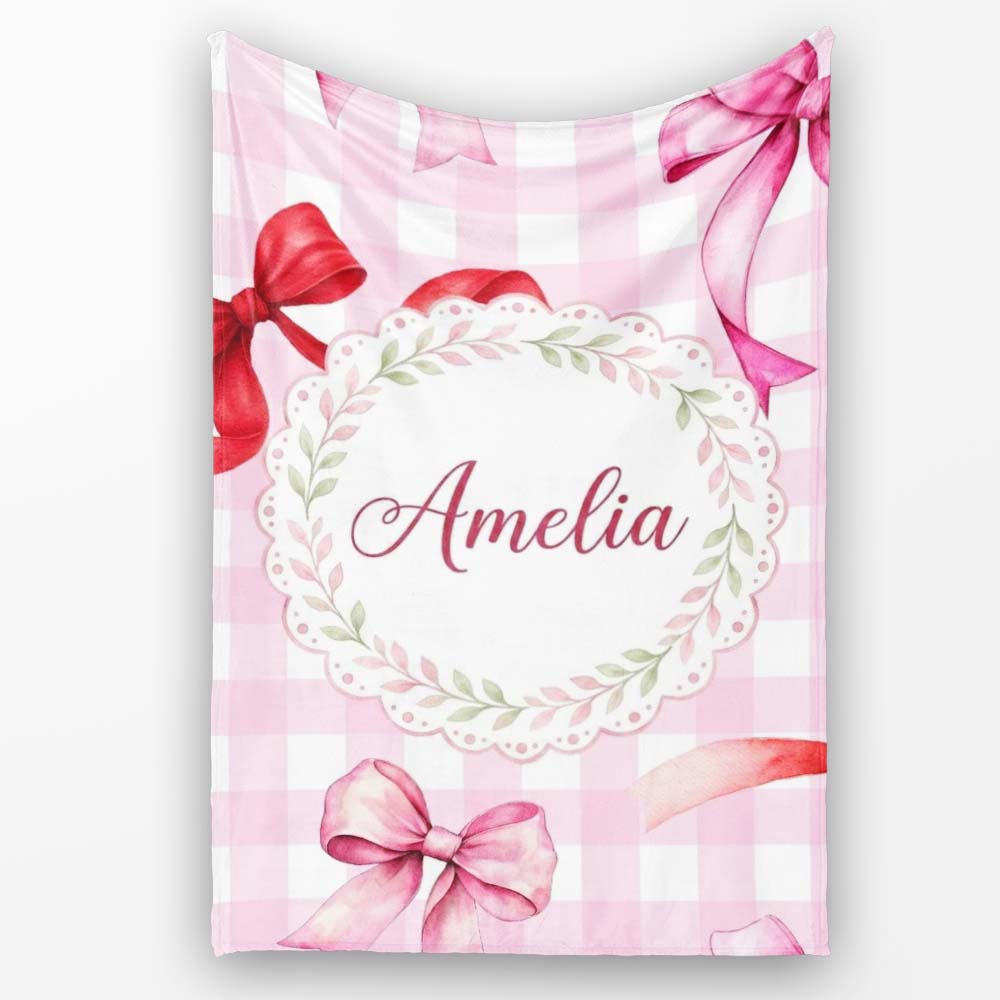Watercolor Red and Pink Ribbon Bows Pink Gingham Check Background Personalised Custom Name Super Soft Fleece Blanket Bed Sofa Throw