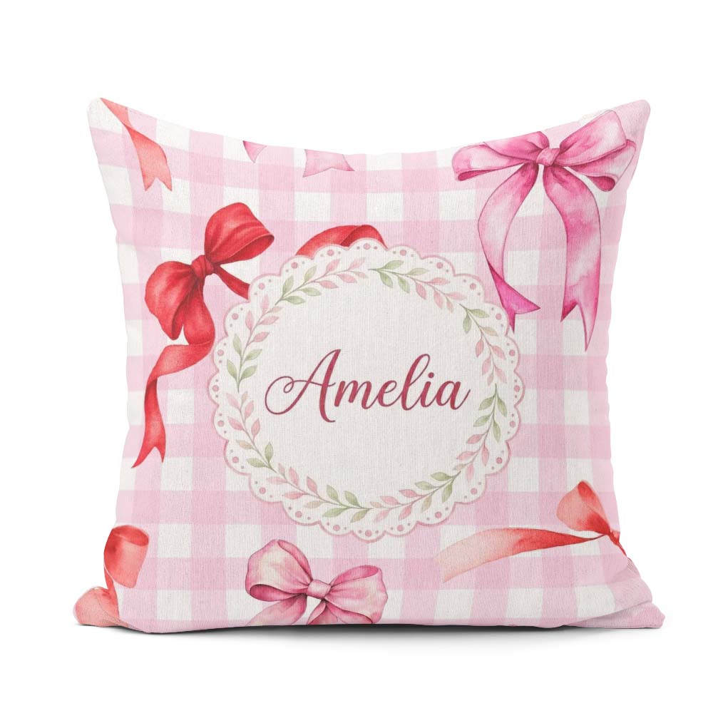 Custom Name Watercolor Red and Pink Bows Pink Gingham Background Square Filled Cushion Throw Pillow Sofa Bed Home Decor Zip Washable UK Made