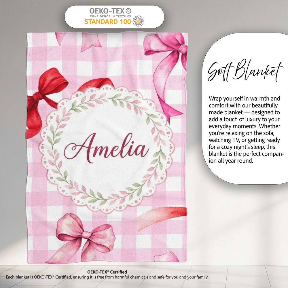 Watercolor Red and Pink Ribbon Bows Pink Gingham Check Background Personalised Custom Name Super Soft Fleece Blanket Bed Sofa Throw