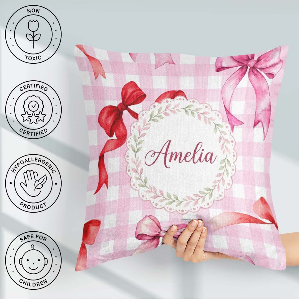 Custom Name Watercolor Red and Pink Bows Pink Gingham Background Square Filled Cushion Throw Pillow Sofa Bed Home Decor Zip Washable UK Made