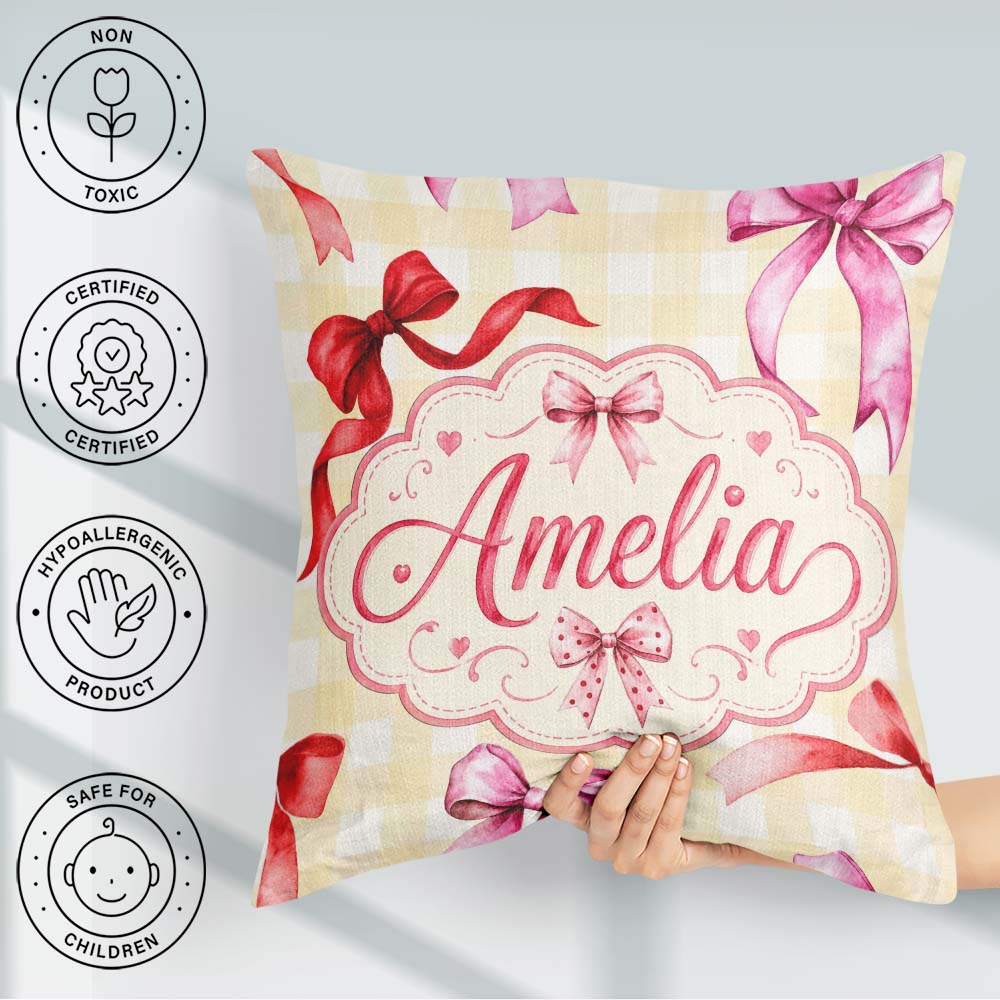 Custom Name Watercolor Red Pink Ribbon Bows Yellow Gingham Girly Square Filled Cushion Throw Pillow Sofa Bed Home Decor Zip Washable UK Made