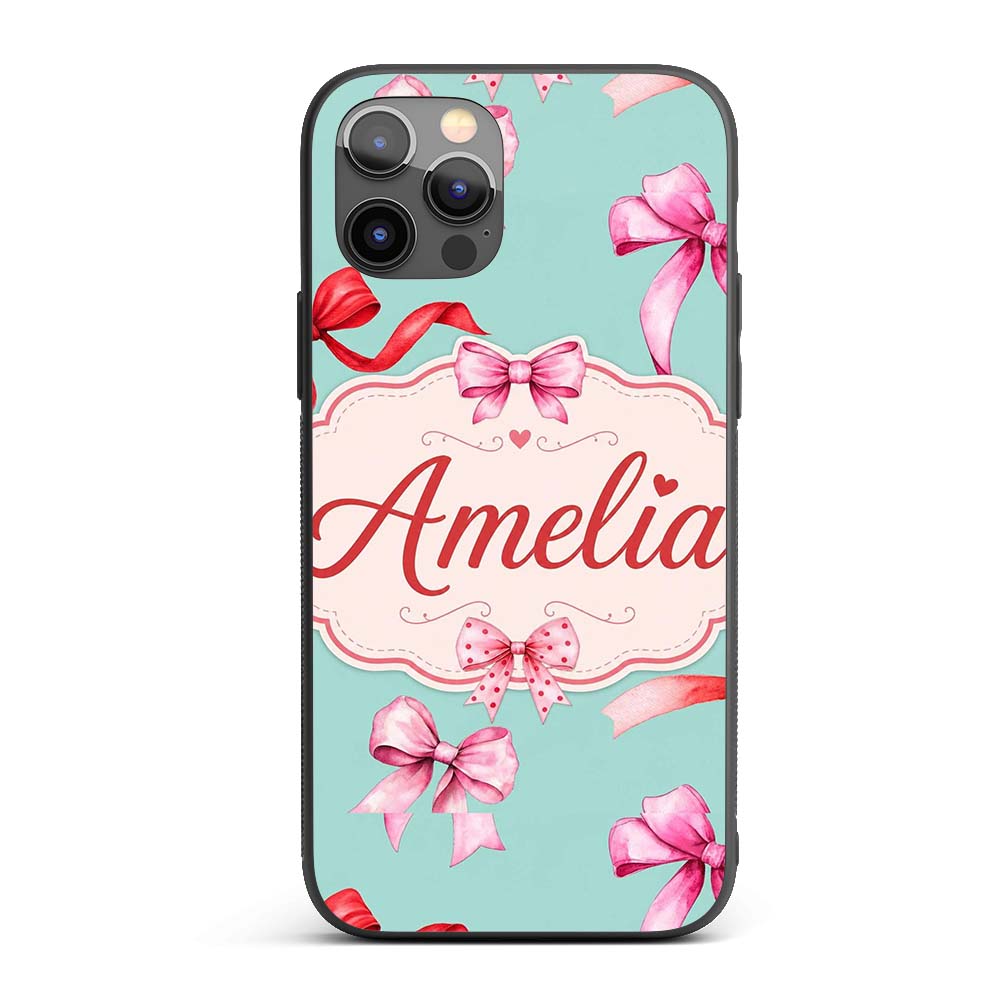 Watercolor Red Pink Ribbon Bows Printed Design Custom Name Protective Phone Case Mobile Cover Durable Everyday Smartphone Shock Resistant