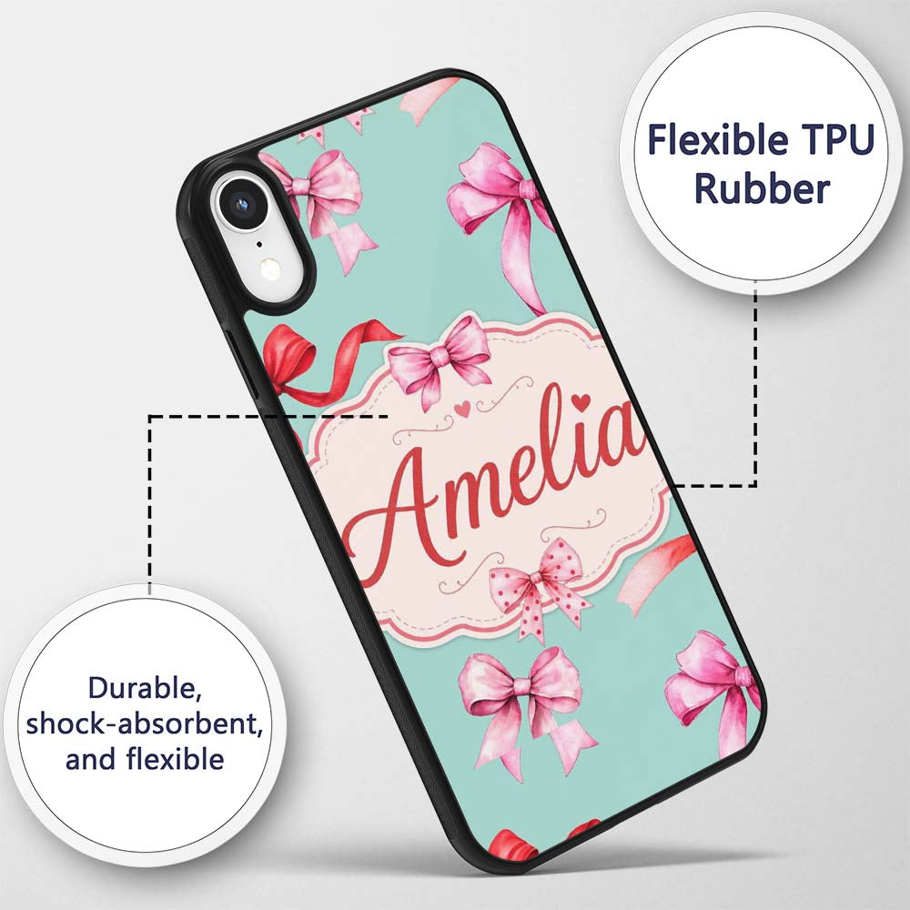 Watercolor Red Pink Ribbon Bows Printed Design Custom Name Protective Phone Case Mobile Cover Durable Everyday Smartphone Shock Resistant