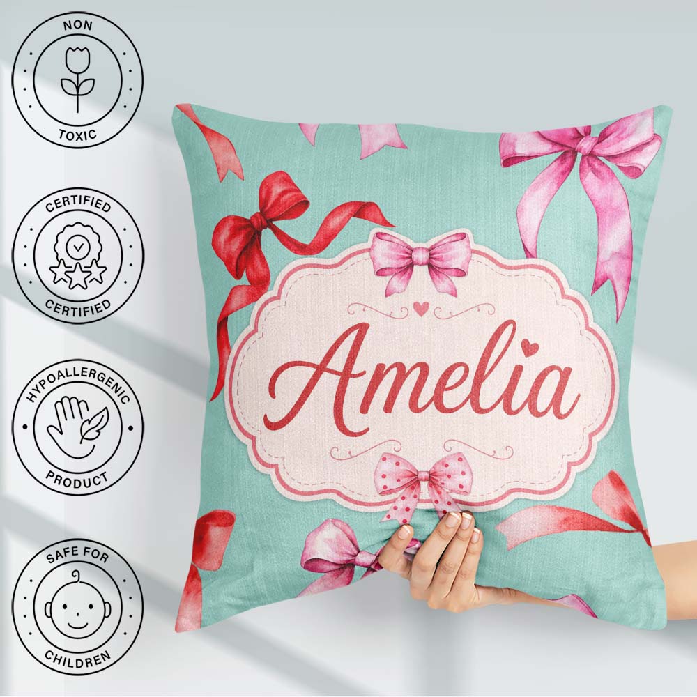 Custom Name Watercolor Red Pink Bows Mint Green Background Girly Square Filled Cushion Throw Pillow Sofa Bed Home Decor Zip Washable UK Made