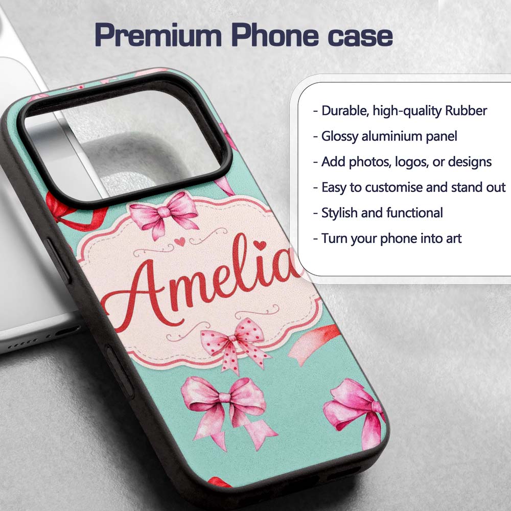 Watercolor Red Pink Ribbon Bows Printed Design Custom Name Protective Phone Case Mobile Cover Durable Everyday Smartphone Shock Resistant