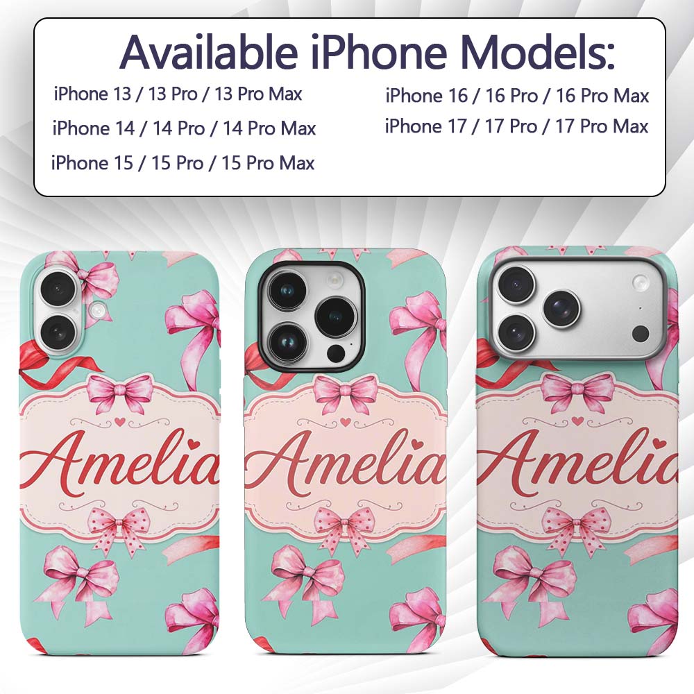 Watercolor Red Pink Ribbon Bows Printed Design Custom Name Protective Phone Case Mobile Cover Durable Everyday Smartphone Shock Resistant