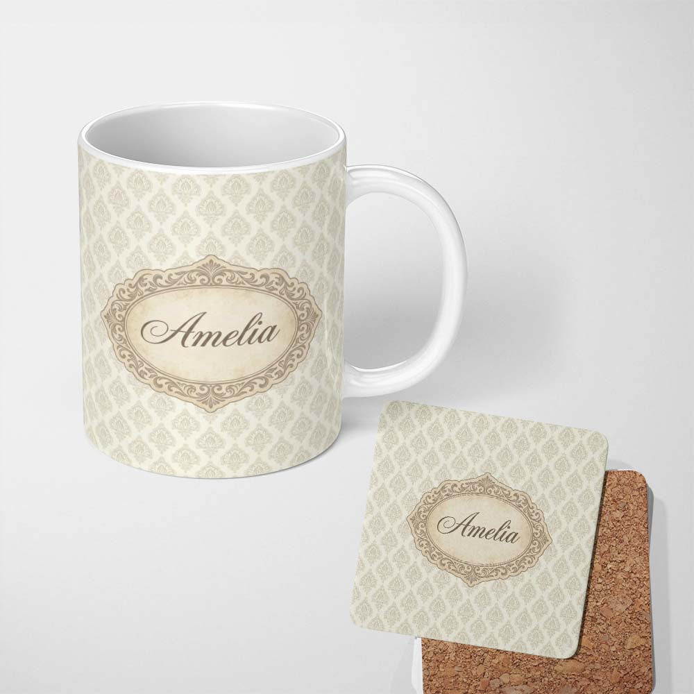Personalized Custom Name Classic Beige Ornamental Damask Motif Seamless Pattern Lovely 11oz Ceramic Coffee Tea Mug White Large Handle