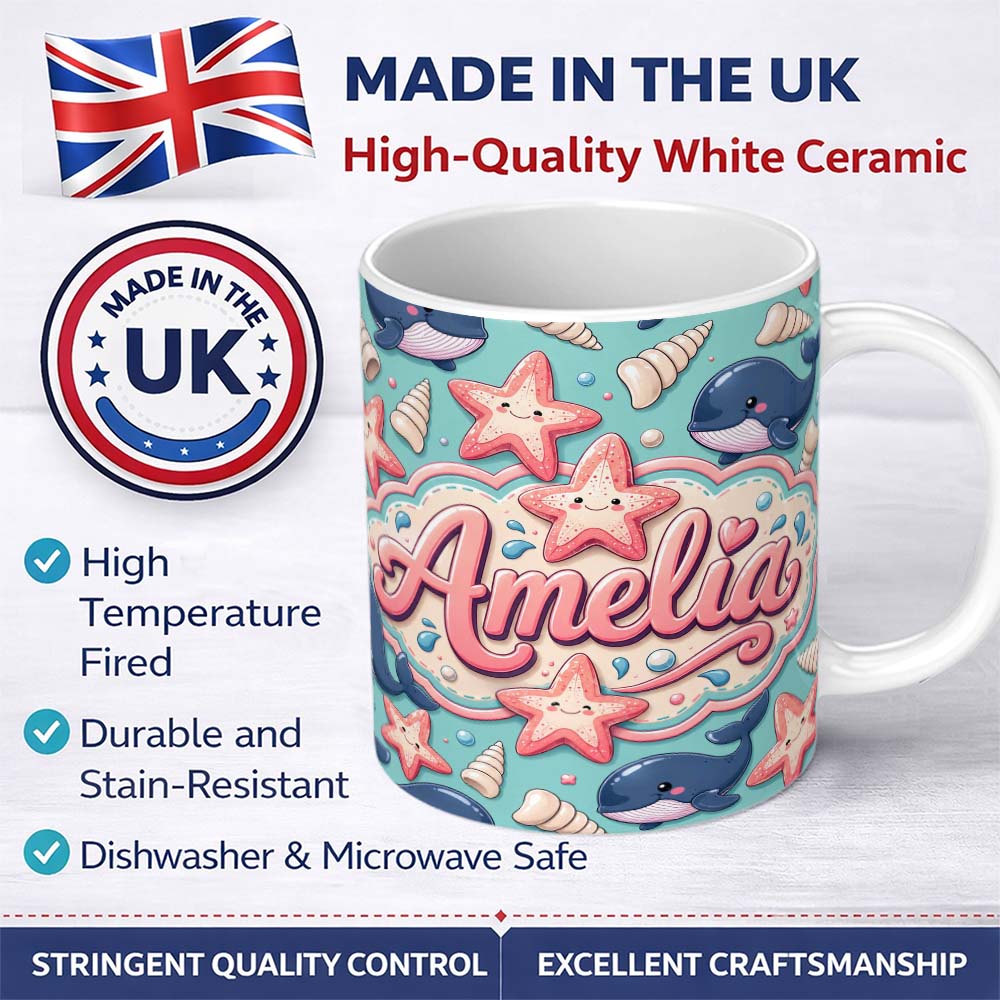 Personalized Custom Name Cute Kawaii Whale Starfish Seashell Ocean Animals Mint Background 11oz Ceramic Coffee Tea Mug White Large Handle