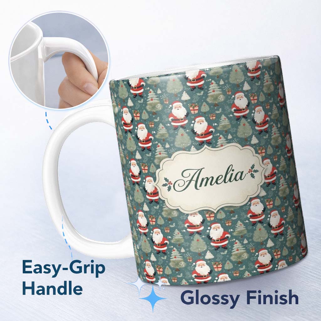 Personalized Custom Name Cute Santa Trees Gifts Snowflakes Teal Christmas Whimsical Festive 11oz Ceramic Coffee Tea Mug White Large Handle