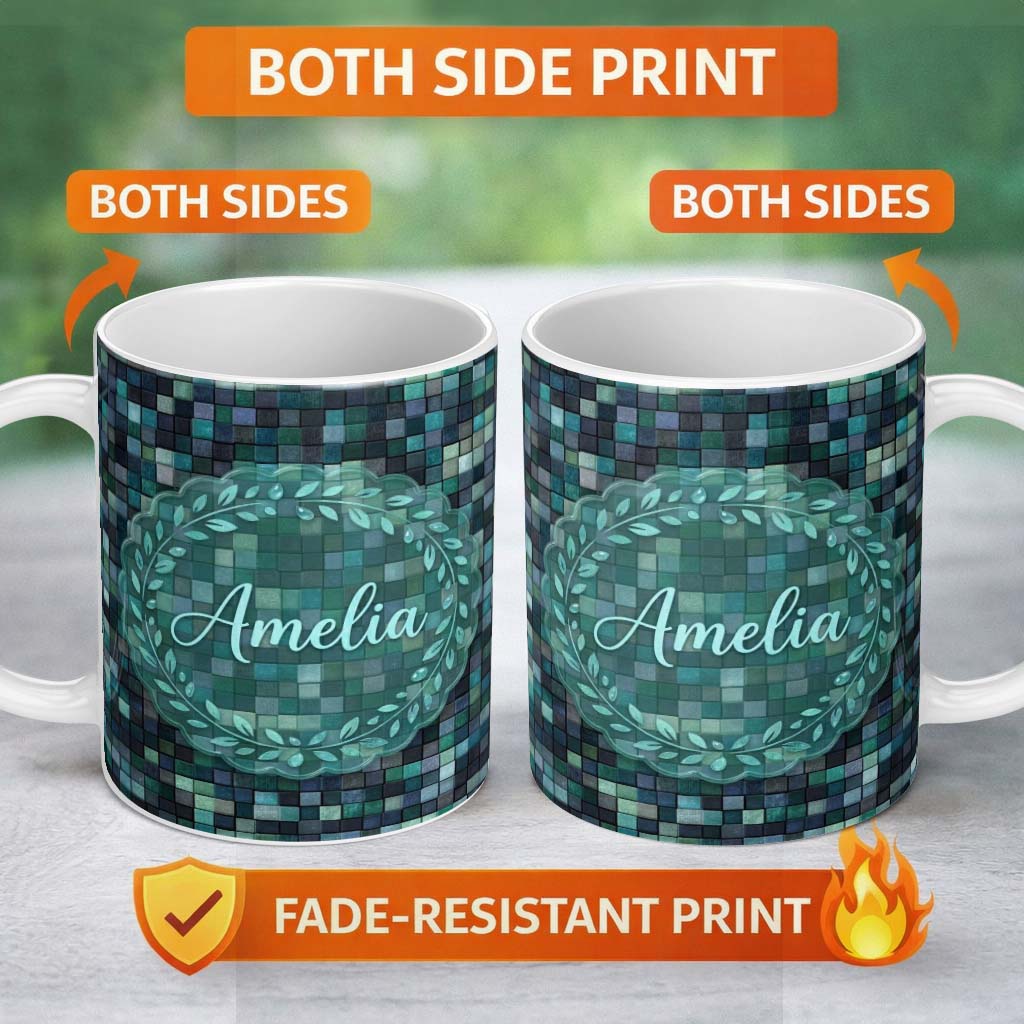 Personalized Custom Name Blue Green Square Tile Mosaic Texture Seamless Pattern Lovely 11oz Ceramic Coffee Tea Mug White Large Handle
