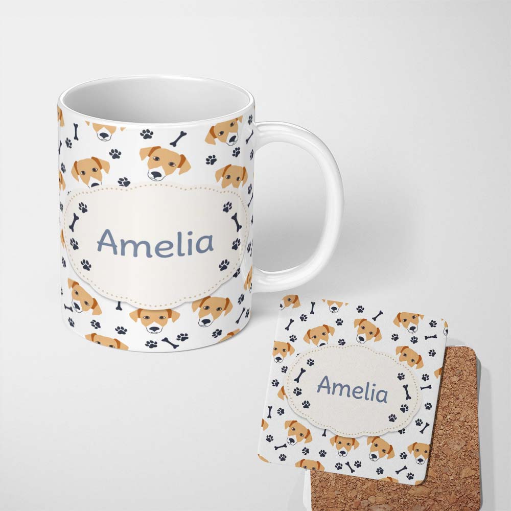 Personalized Custom Name Cute Dog Faces Paw Prints Bones White Background Seamless Pattern 11oz Ceramic Coffee Tea Mug White Large Handle