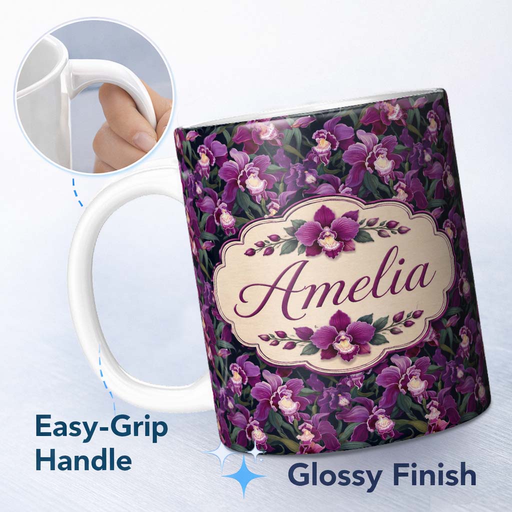Personalized Custom Name Rich Purple Orchid Floral Pattern on Dark Background Elegant Lovely 11oz Ceramic Coffee Tea Mug White Large Handle