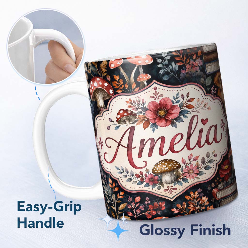 Personalized Custom Name Vintage Mushrooms Books and Floral Dark Botanical Seamless Pattern 11oz Ceramic Coffee Tea Mug White Large Handle