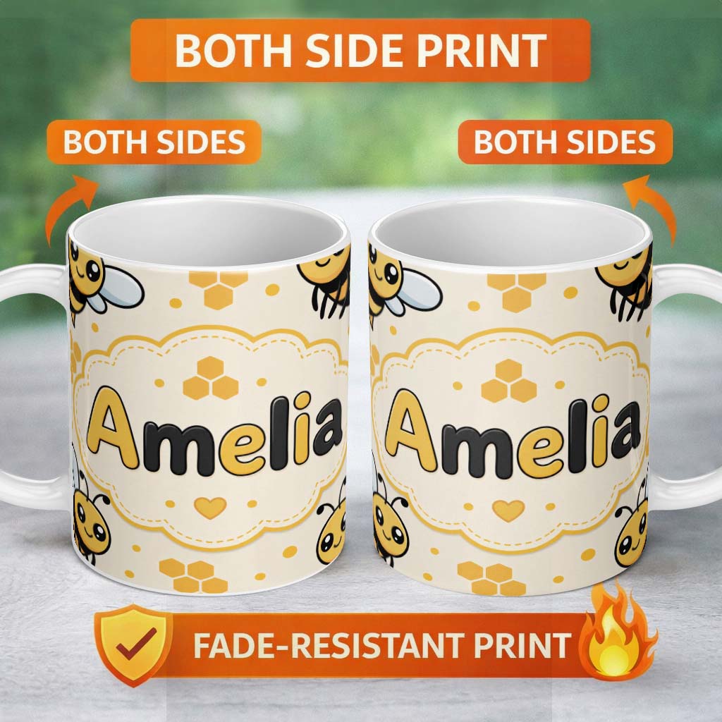 Personalized Custom Name Cute Kawaii Bees Honeycomb Sweet Nature Seamless Pattern Lovely 11oz Ceramic Coffee Tea Mug White Large Handle