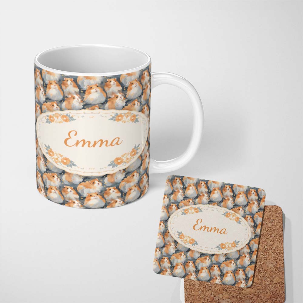Personalized Custom Name Realistic Fluffy Hamster Blue Background Seamless Pattern Lovely 11oz Ceramic Coffee Tea Mug White Large Handle