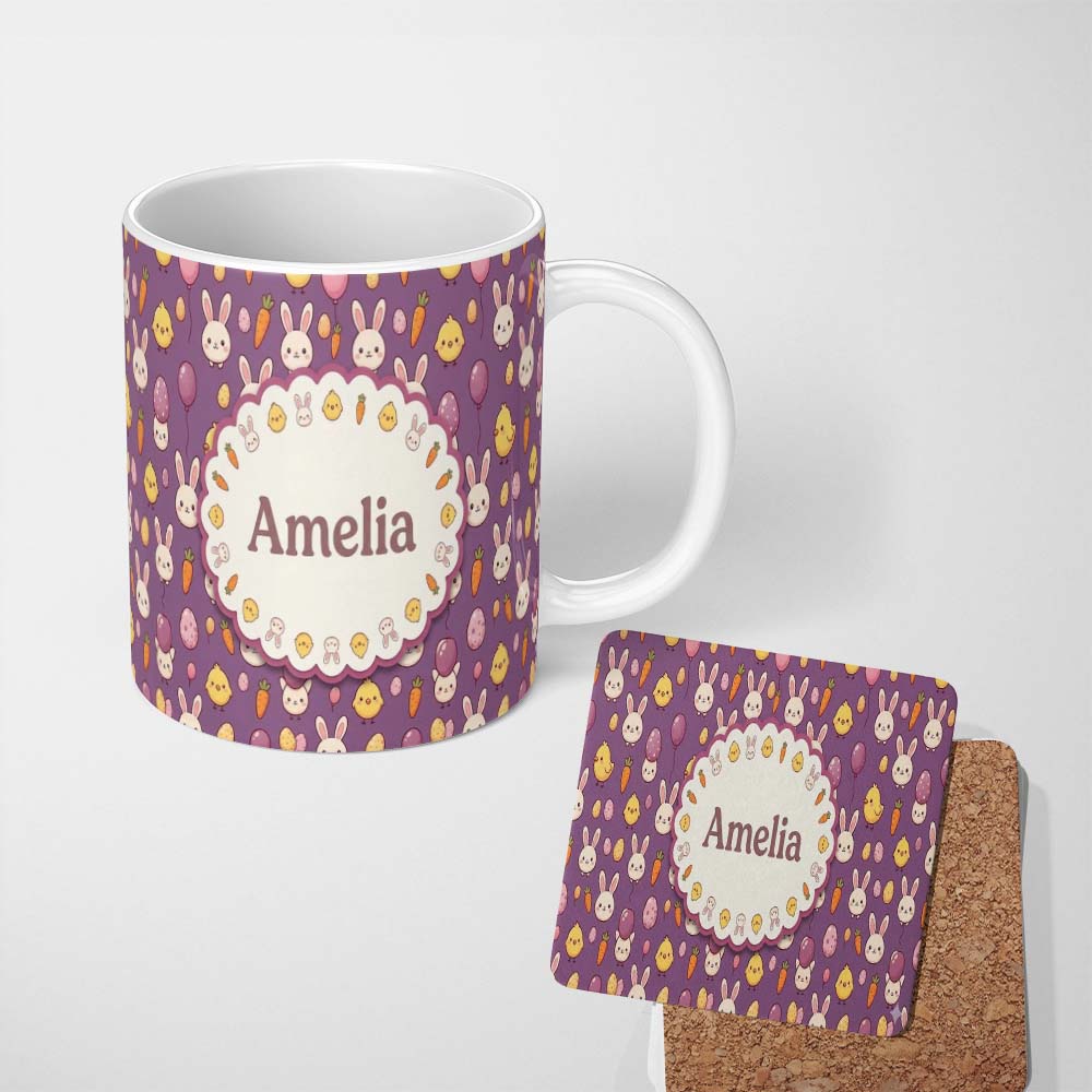 Personalized Custom Name Cute Easter Bunny Chick Carrots Eggs Polka Dot Pattern Purple Lovely 11oz Ceramic Coffee Tea Mug White Large Handle