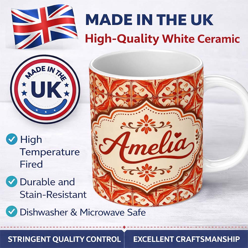 Personalized Custom Name Rust Red Vintage Geometric Tile Pattern with Cream Background Lovely 11oz Ceramic Coffee Tea Mug White Large Handle