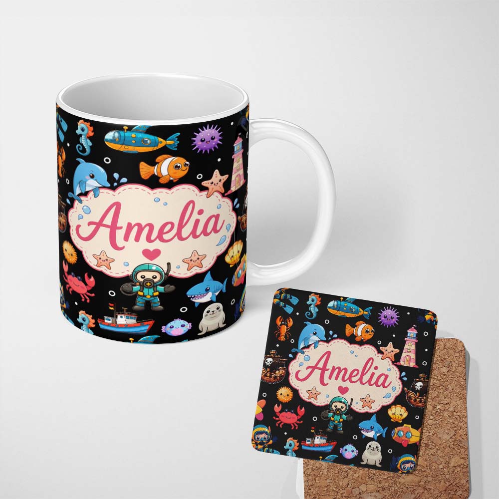 Personalized Custom Name Cartoon Ocean with Various Sea Creatures on Light Grey Background 11oz Ceramic Coffee Tea Mug White Large Handle