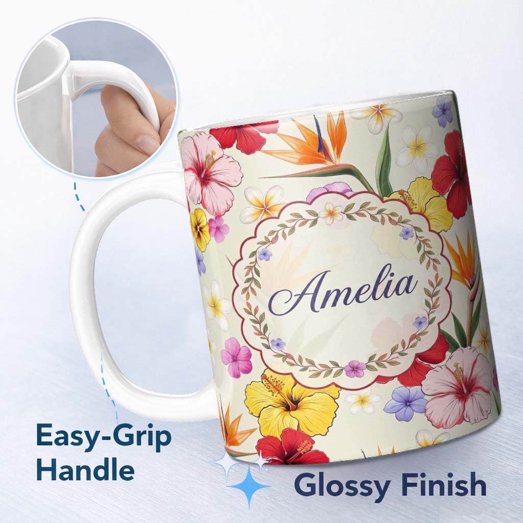 Personalized Custom Name Tropical Hibiscus and Bird of Paradise Floral Seamless Pattern 11oz Ceramic Coffee Tea Mug White Large Handle