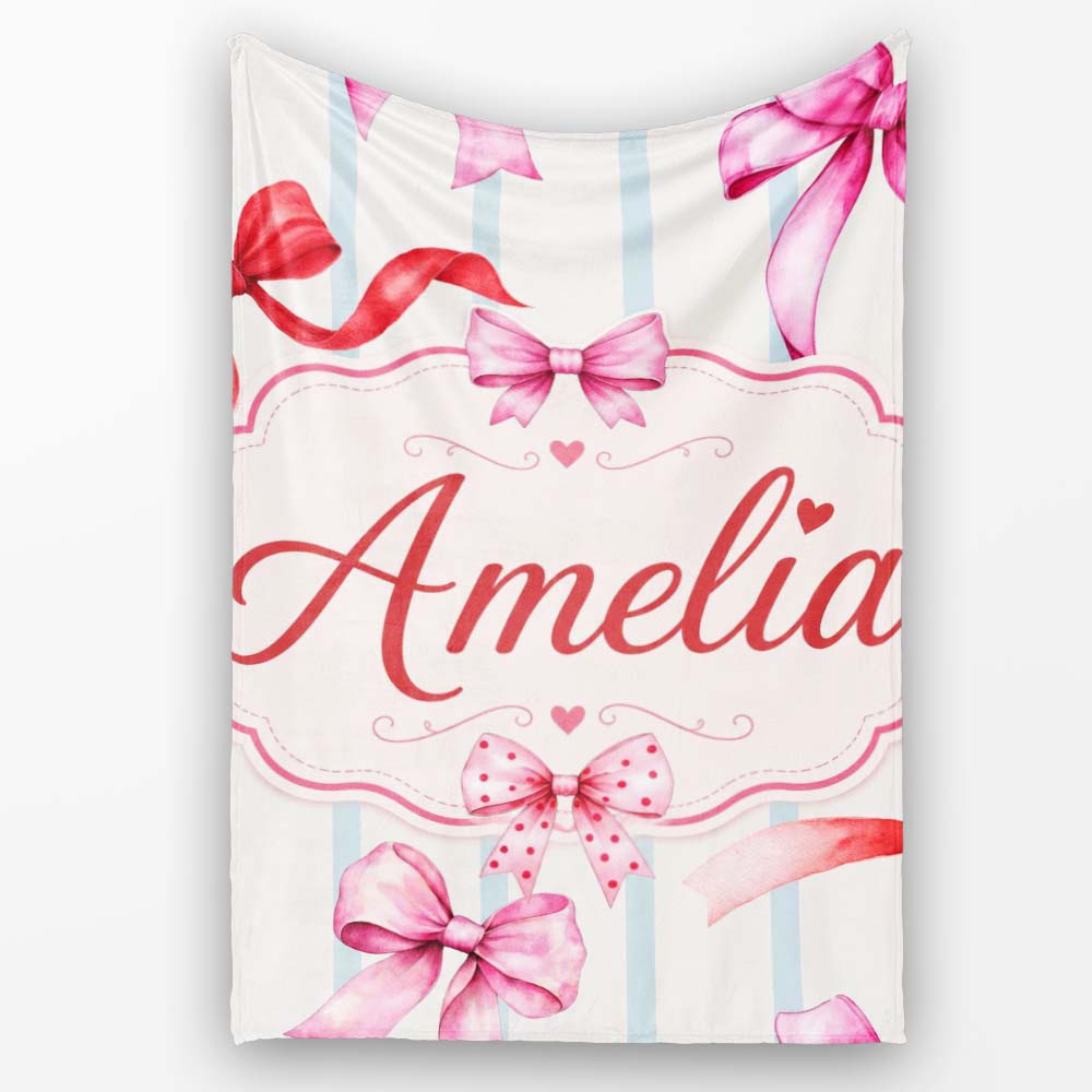 Watercolor Red Pink Ribbon Bows Blue Stripe Background Cute Girly Personalised Custom Name Super Soft Fleece Blanket Bed Sofa Throw