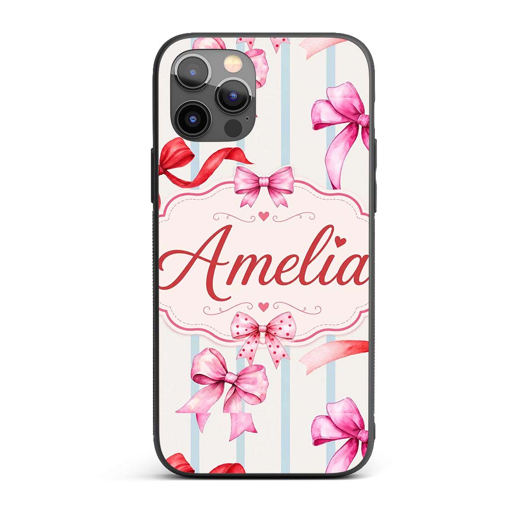 Watercolor Red Pink Ribbon Bows Printed Design Custom Name Protective Phone Case Mobile Cover Durable Everyday Smartphone Shock Resistant