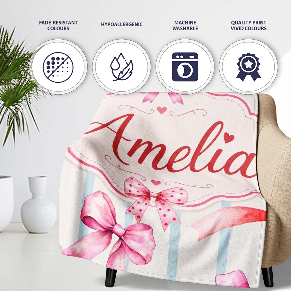 Watercolor Red Pink Ribbon Bows Blue Stripe Background Cute Girly Personalised Custom Name Super Soft Fleece Blanket Bed Sofa Throw