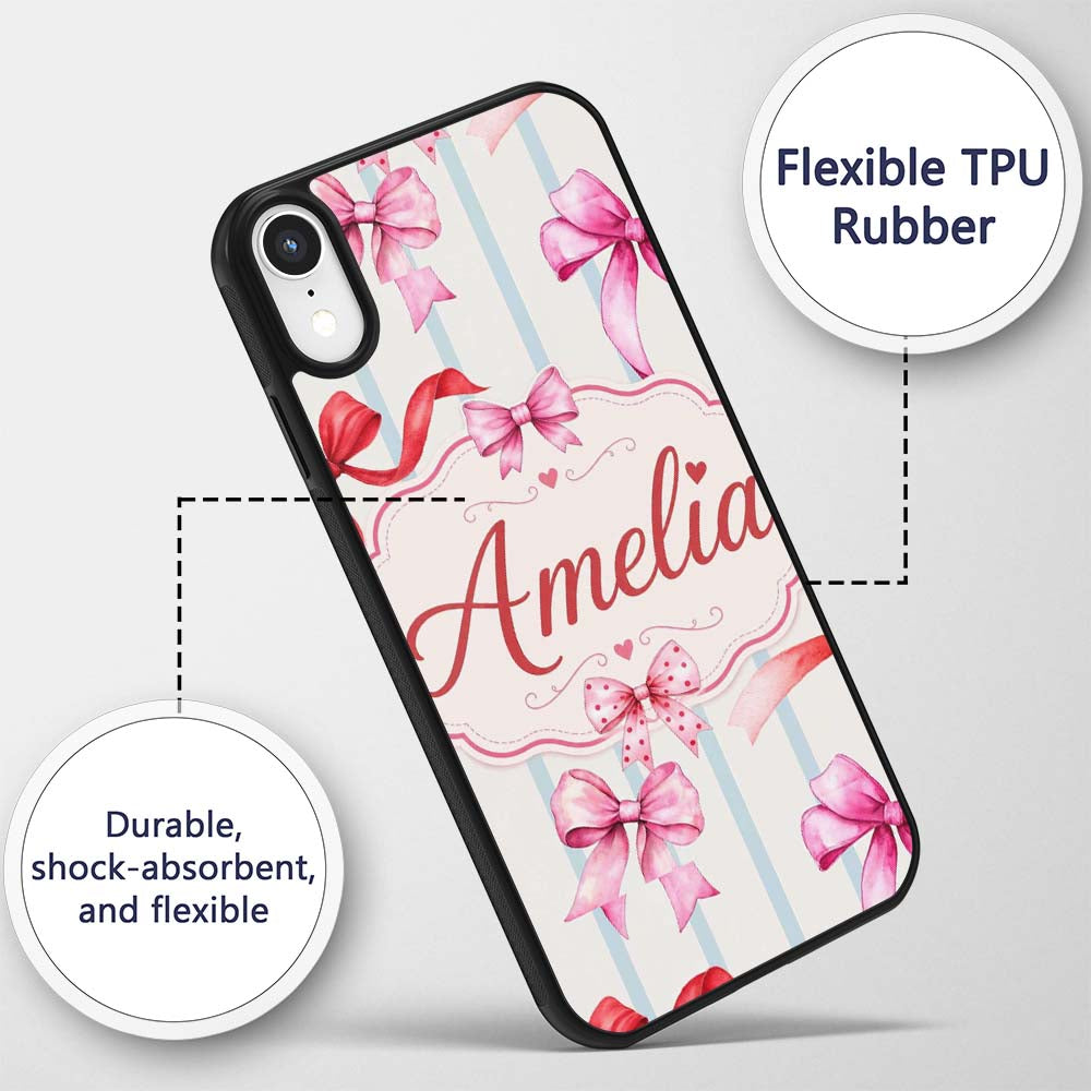 Watercolor Red Pink Ribbon Bows Printed Design Custom Name Protective Phone Case Mobile Cover Durable Everyday Smartphone Shock Resistant