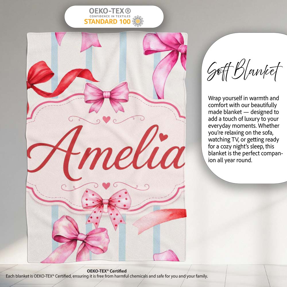 Watercolor Red Pink Ribbon Bows Blue Stripe Background Cute Girly Personalised Custom Name Super Soft Fleece Blanket Bed Sofa Throw