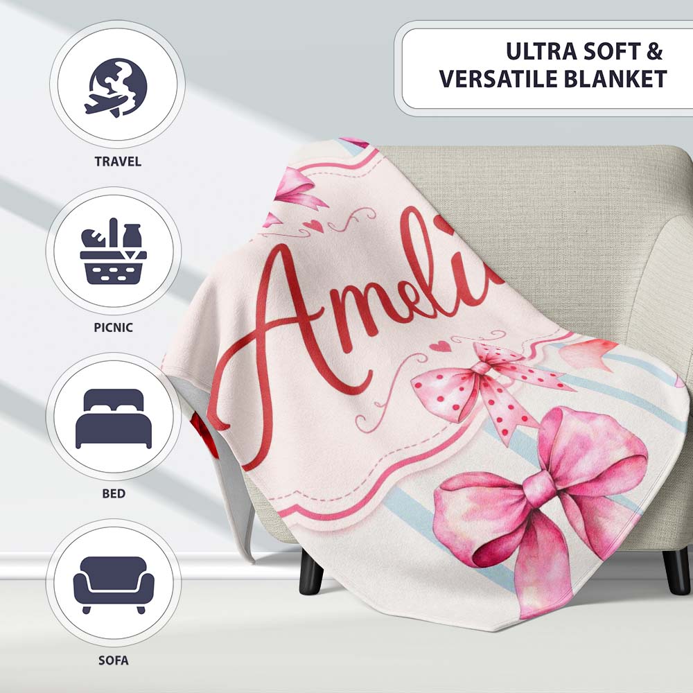Watercolor Red Pink Ribbon Bows Blue Stripe Background Cute Girly Personalised Custom Name Super Soft Fleece Blanket Bed Sofa Throw