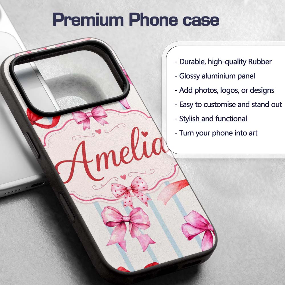 Watercolor Red Pink Ribbon Bows Printed Design Custom Name Protective Phone Case Mobile Cover Durable Everyday Smartphone Shock Resistant