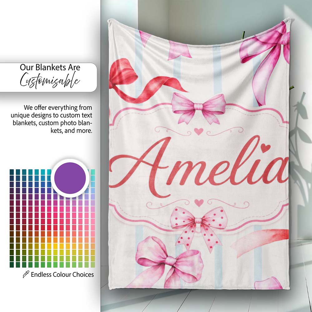 Watercolor Red Pink Ribbon Bows Blue Stripe Background Cute Girly Personalised Custom Name Super Soft Fleece Blanket Bed Sofa Throw