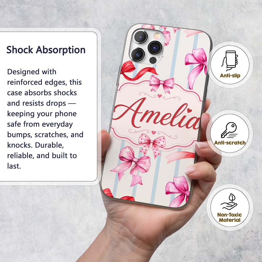 Watercolor Red Pink Ribbon Bows Printed Design Custom Name Protective Phone Case Mobile Cover Durable Everyday Smartphone Shock Resistant