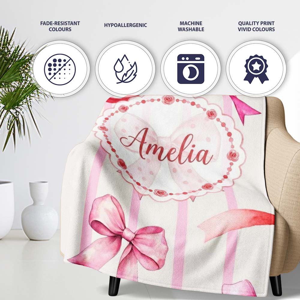 Watercolor Red Pink Ribbon Bows Pink Stripe Background Cute Girly Personalised Custom Name Super Soft Fleece Blanket Bed Sofa Throw
