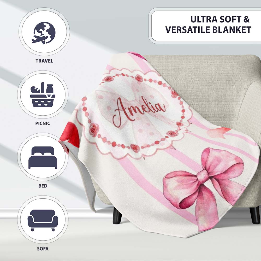 Watercolor Red Pink Ribbon Bows Pink Stripe Background Cute Girly Personalised Custom Name Super Soft Fleece Blanket Bed Sofa Throw