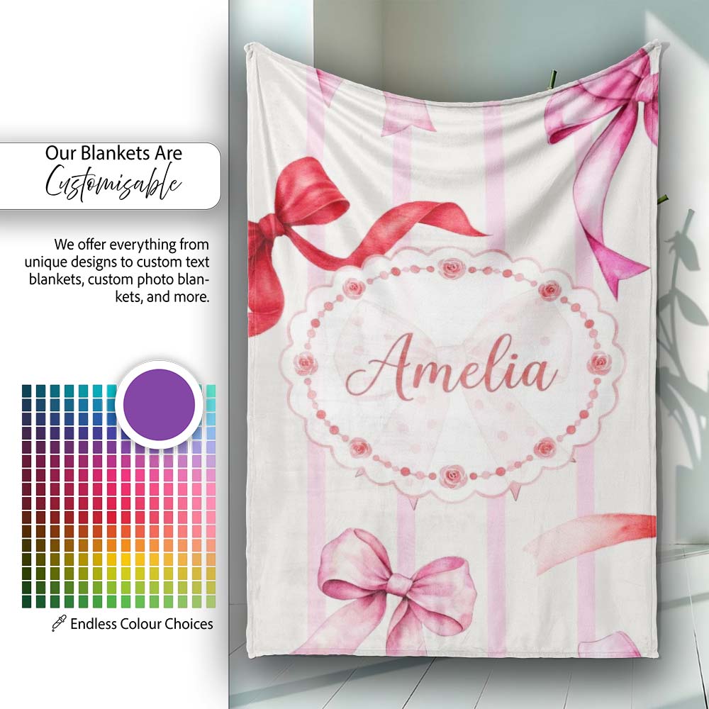 Watercolor Red Pink Ribbon Bows Pink Stripe Background Cute Girly Personalised Custom Name Super Soft Fleece Blanket Bed Sofa Throw