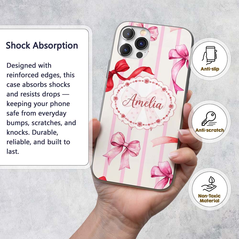 Watercolor Red Pink Ribbon Bows Printed Design Custom Name Protective Phone Case Mobile Cover Durable Everyday Smartphone Shock Resistant