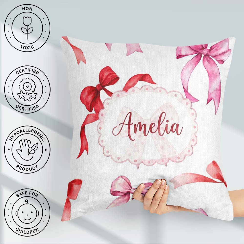 Custom Name Watercolor Red Pink Bows Light Grey Background Girly Square Filled Cushion Throw Pillow Sofa Bed Home Decor Zip Washable UK Made