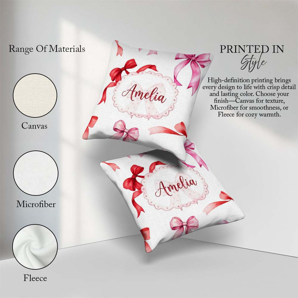 Custom Name Watercolor Red Pink Bows Light Grey Background Girly Square Filled Cushion Throw Pillow Sofa Bed Home Decor Zip Washable UK Made