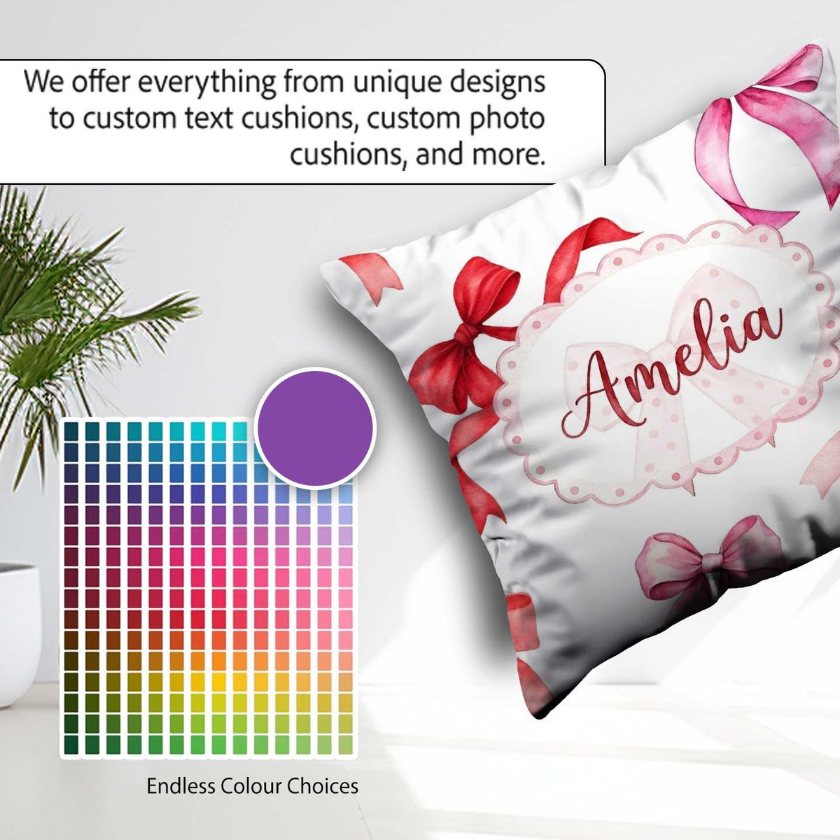 Custom Name Watercolor Red Pink Bows Light Grey Background Girly Square Filled Cushion Throw Pillow Sofa Bed Home Decor Zip Washable UK Made