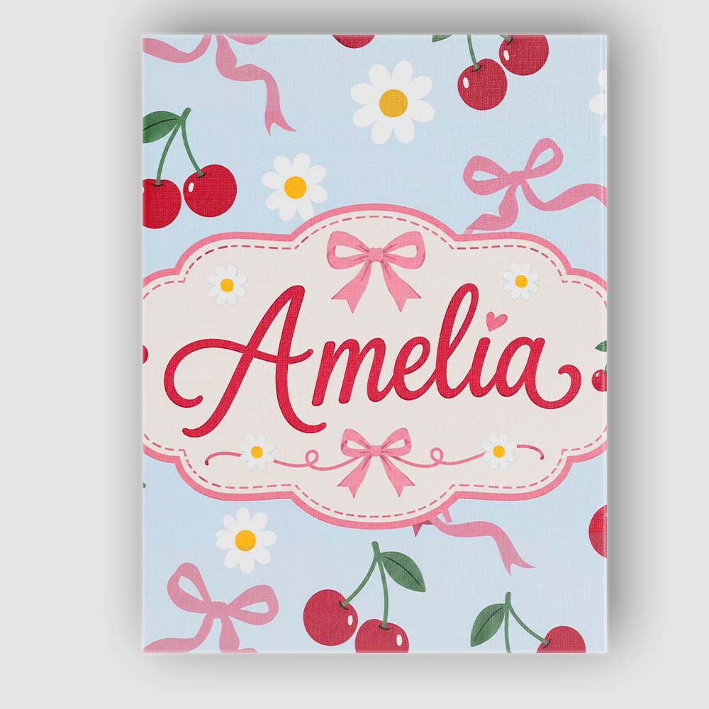 Personalised Name Cute Cherry and Daisy Custom Modern Room Accent Elegant Feature Canvas Wall Art Print Decor Picture Ready to Hang