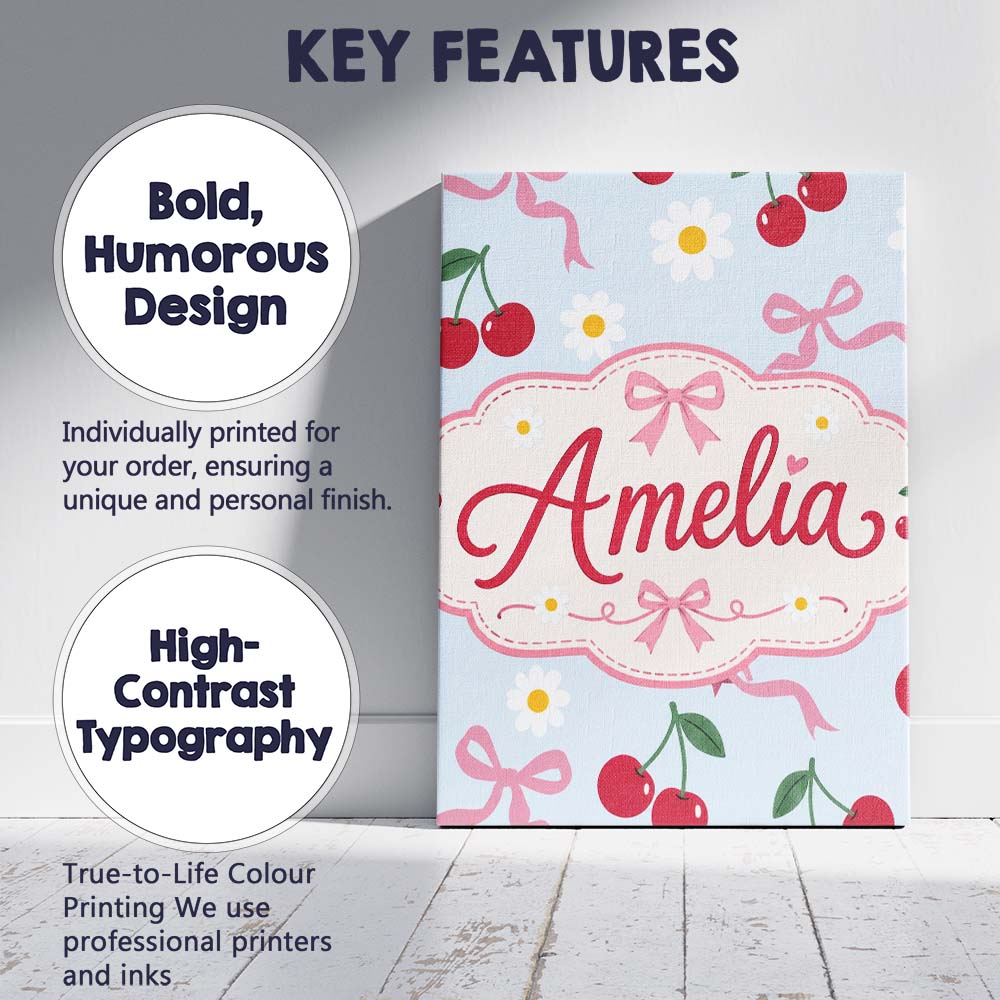 Personalised Name Cute Cherry and Daisy Custom Modern Room Accent Elegant Feature Canvas Wall Art Print Decor Picture Ready to Hang