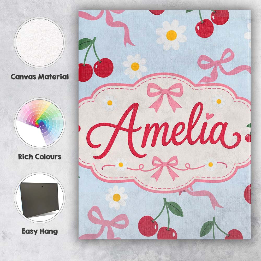 Personalised Name Cute Cherry and Daisy Custom Modern Room Accent Elegant Feature Canvas Wall Art Print Decor Picture Ready to Hang