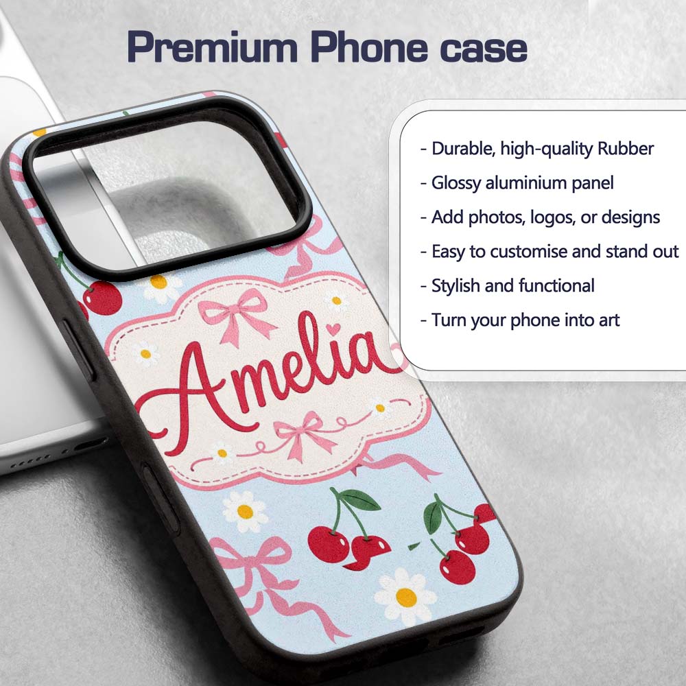 Cute Cherry and Daisy Flowers with Pink Ribbon Custom Name Protective Phone Case Mobile Cover Durable Everyday Smartphone Shock Resistant
