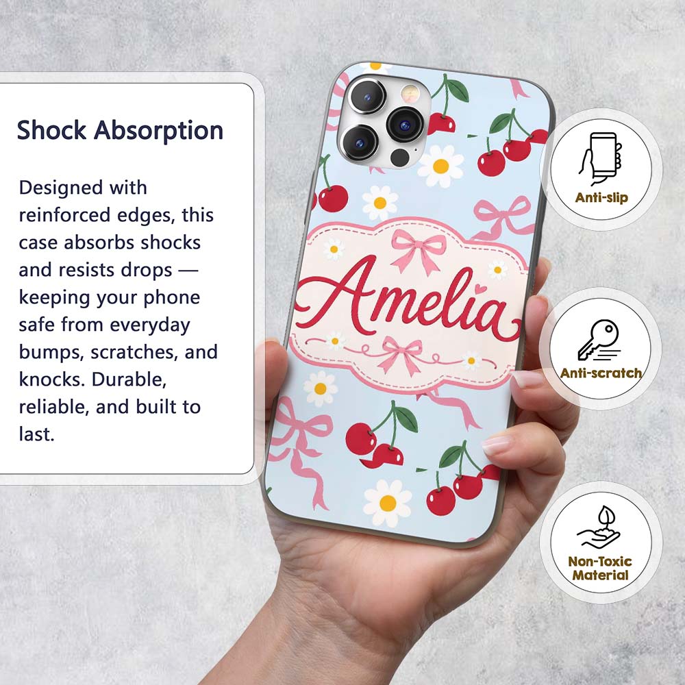 Cute Cherry and Daisy Flowers with Pink Ribbon Custom Name Protective Phone Case Mobile Cover Durable Everyday Smartphone Shock Resistant