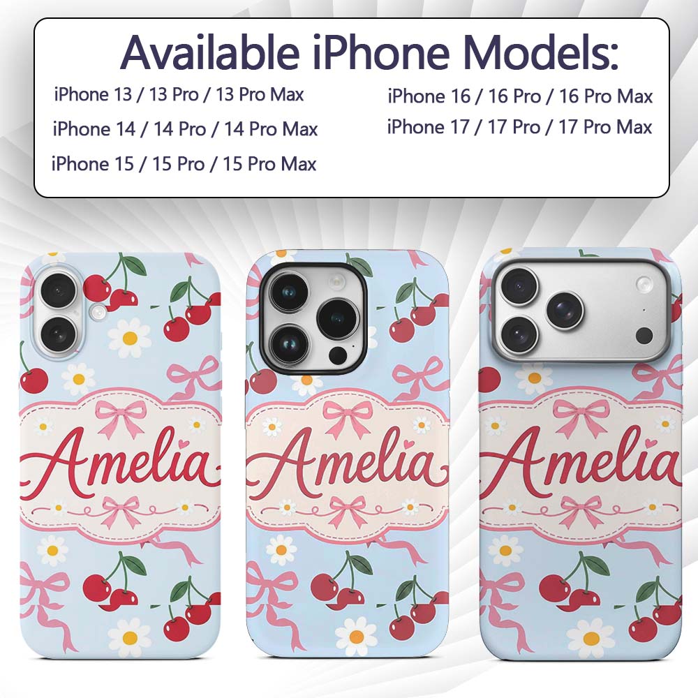 Cute Cherry and Daisy Flowers with Pink Ribbon Custom Name Protective Phone Case Mobile Cover Durable Everyday Smartphone Shock Resistant