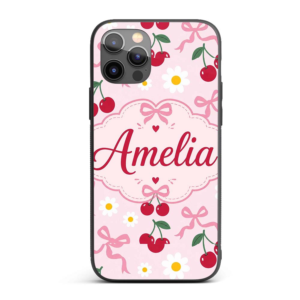 Cute Cherry and Daisy Flowers with Pink Ribbon Custom Name Protective Phone Case Mobile Cover Durable Everyday Smartphone Shock Resistant
